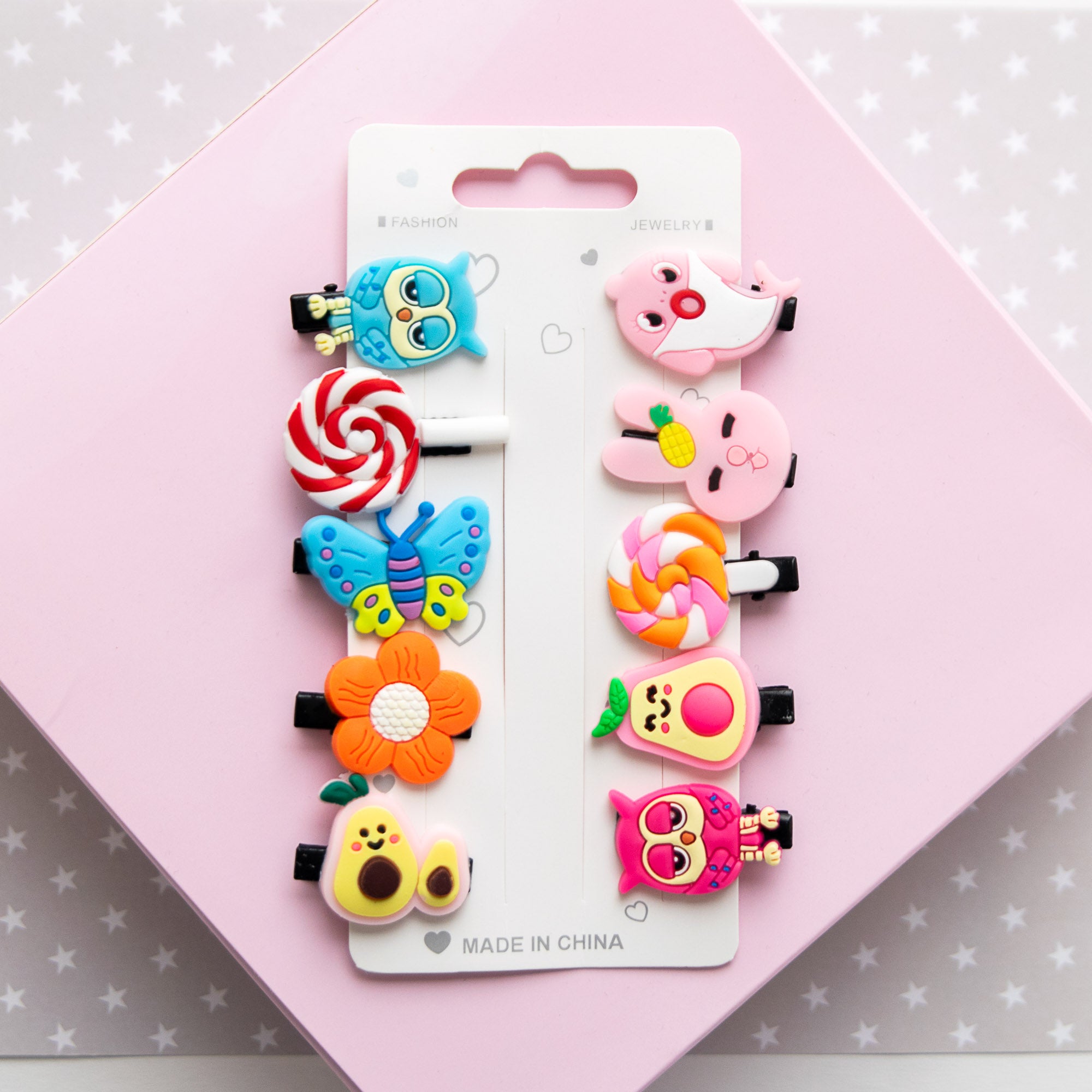 Pinces à cheveux Animaux, Bonbons & Fruits ,10 pièces